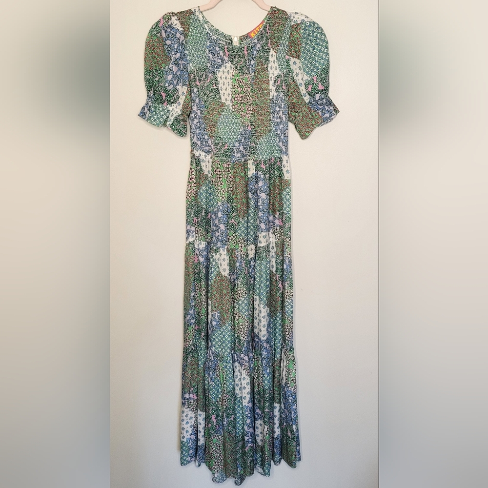 KITRI Studio Patchwork Floral Viscose Smocked Puff Sleeve Tiered Midi Maxi Dress